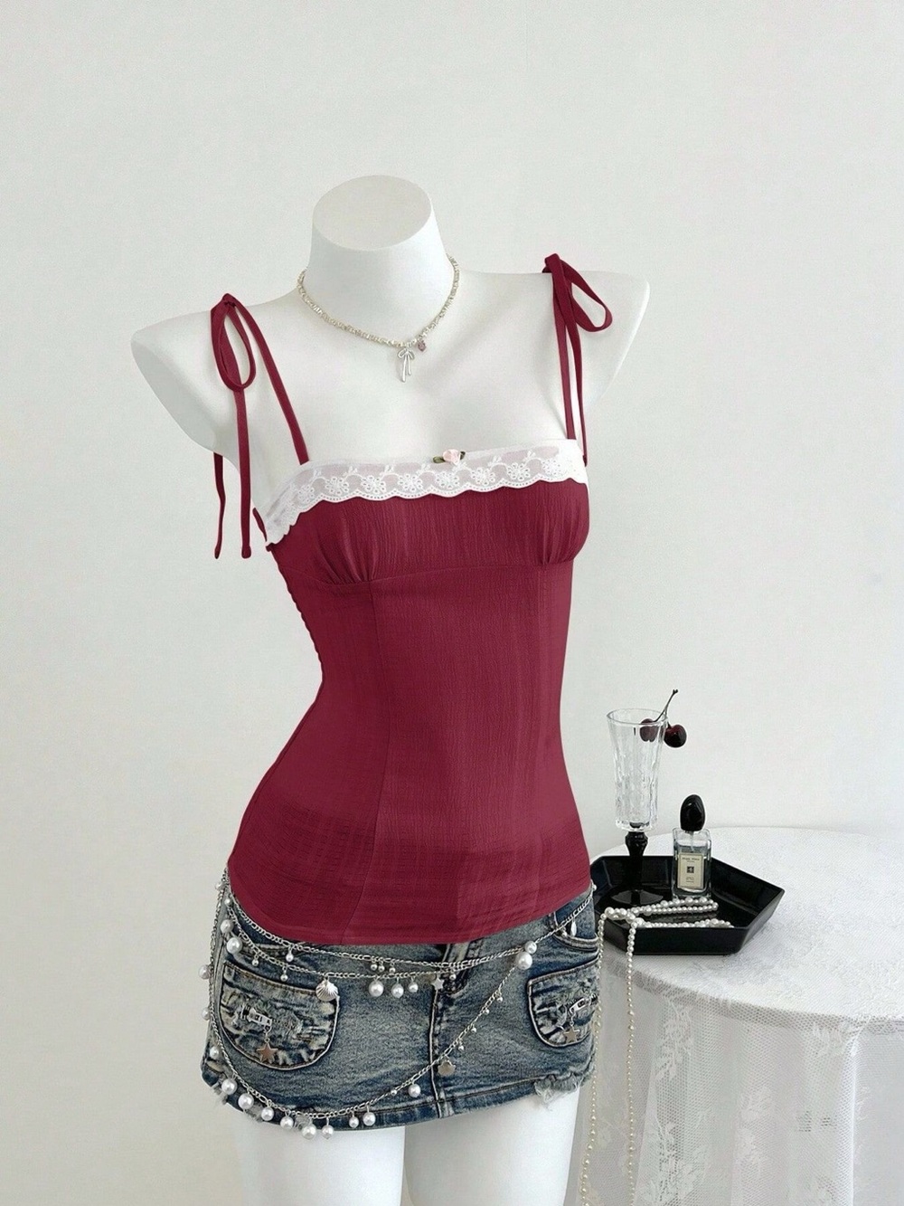Lace-Trimmed Tie Shoulder Cami